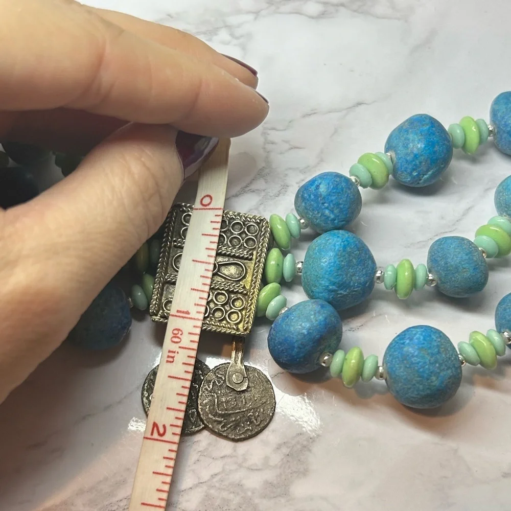 Vintage Boho Turquoise & Mint Chunky Layered Clay Bead & Coin Statement Necklace